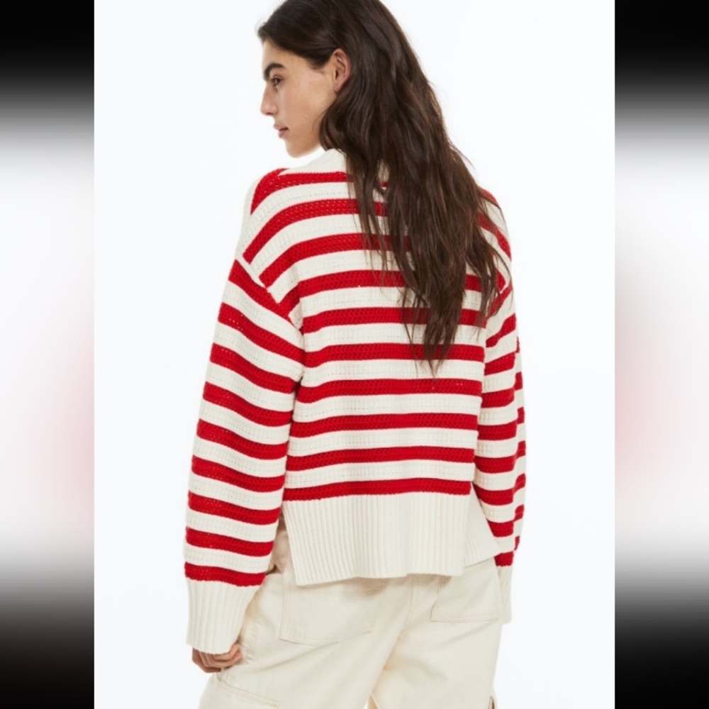 🆕️NWT H&M Hole-knit Sweater in 'Red/striped', Size Medium - Picture 6 of 16